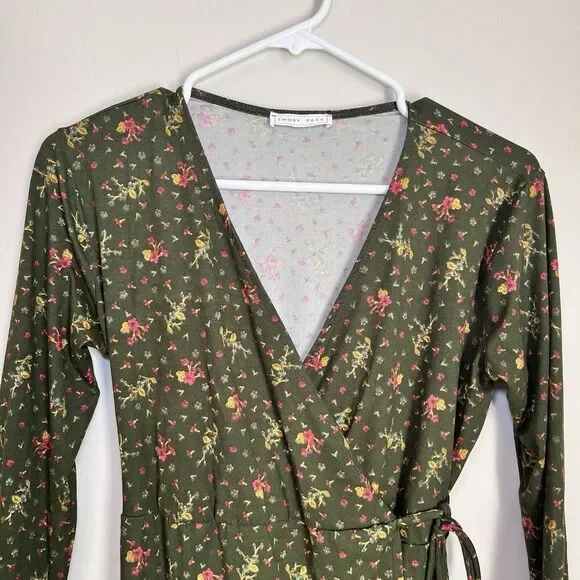 Emory Park Wrapped Mini‎ Dress Green Floral Y2K Boho Cottage Core Fairy Ethereal - Picture 3 of 10
